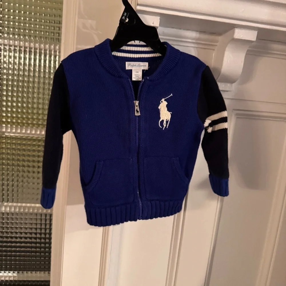 Ralph Lauren boys Big Pony royal blue & navy Full Zip Sweater cotton size 12mos